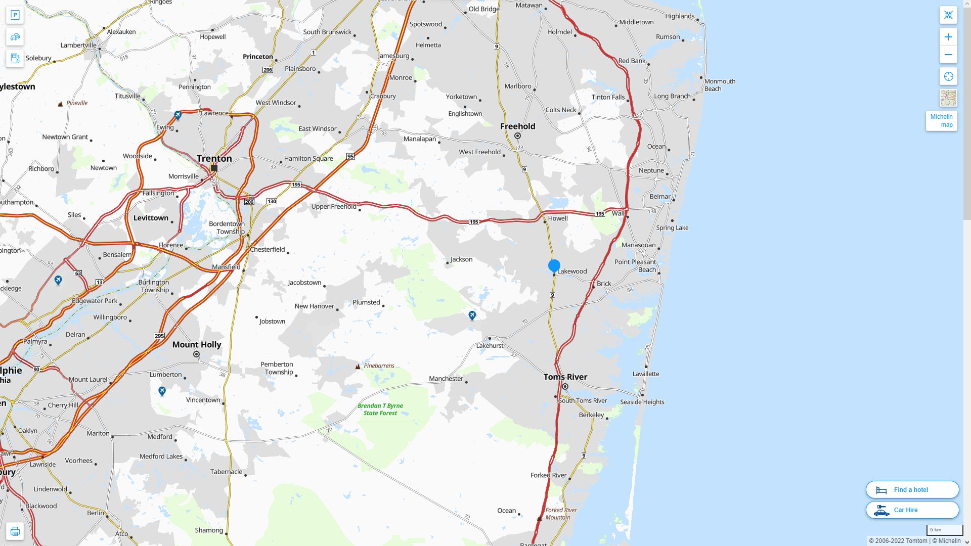 Lakewood New Jersey Highway and Road Map